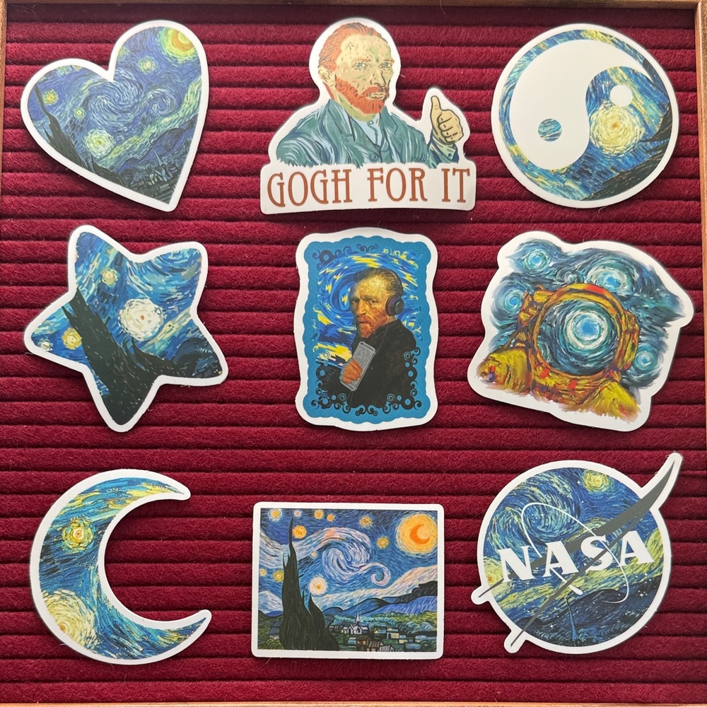 New- 9 piece Space and Sky Theme Vincent Van Gogh Starry Night Sticker Set